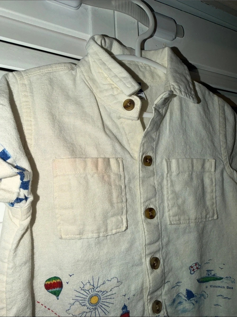 Old Navy Cream Short-Sleeve Button Down with Colorful Map Embroidery